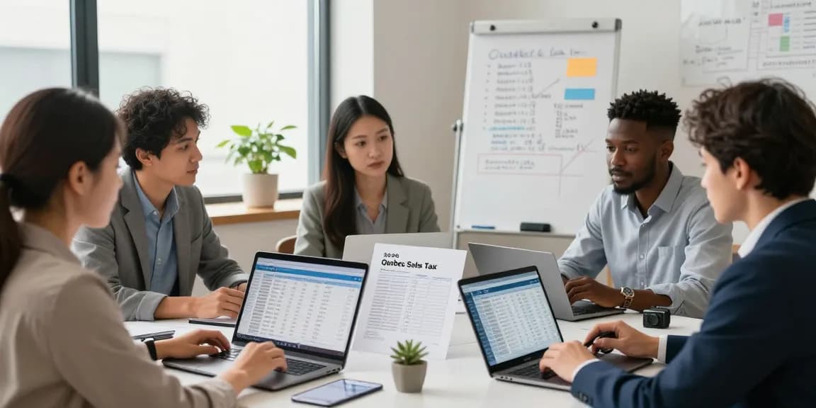 Team collaborating on the Quebec sales tax calculator 2026, discussing tax rates in a professional office setting.