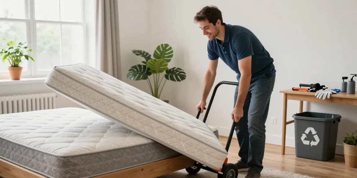 Vancouver Mattress Removal technician helping homeowner lift an old mattress for disposal in a bright, clean bedroom.