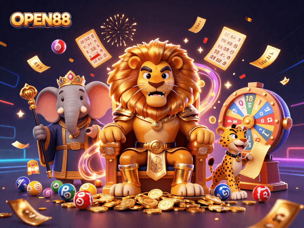 Experience the excitement of OPEN88 with a dynamic 3D lottery scene filled with vibrant game elements.