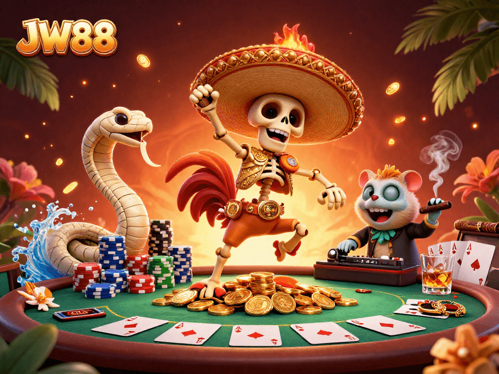 Engage in thrilling gameplay at JW88 featuring a vibrant mariachi rooster, poker elements, and festive scene.