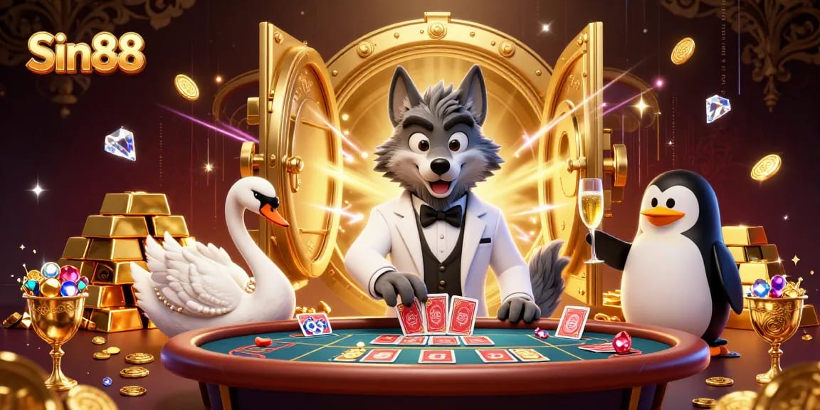 Sin88 showcases a vibrant online casino scene with a debonair wolf, glamorous swan, and penguin sommelier.