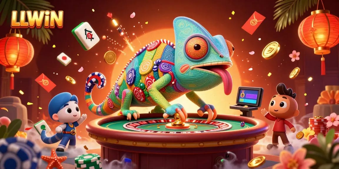 Experience the thrills of LLWIN with a vibrant casino-themed 3D illustration featuring a unique chameleon owner.