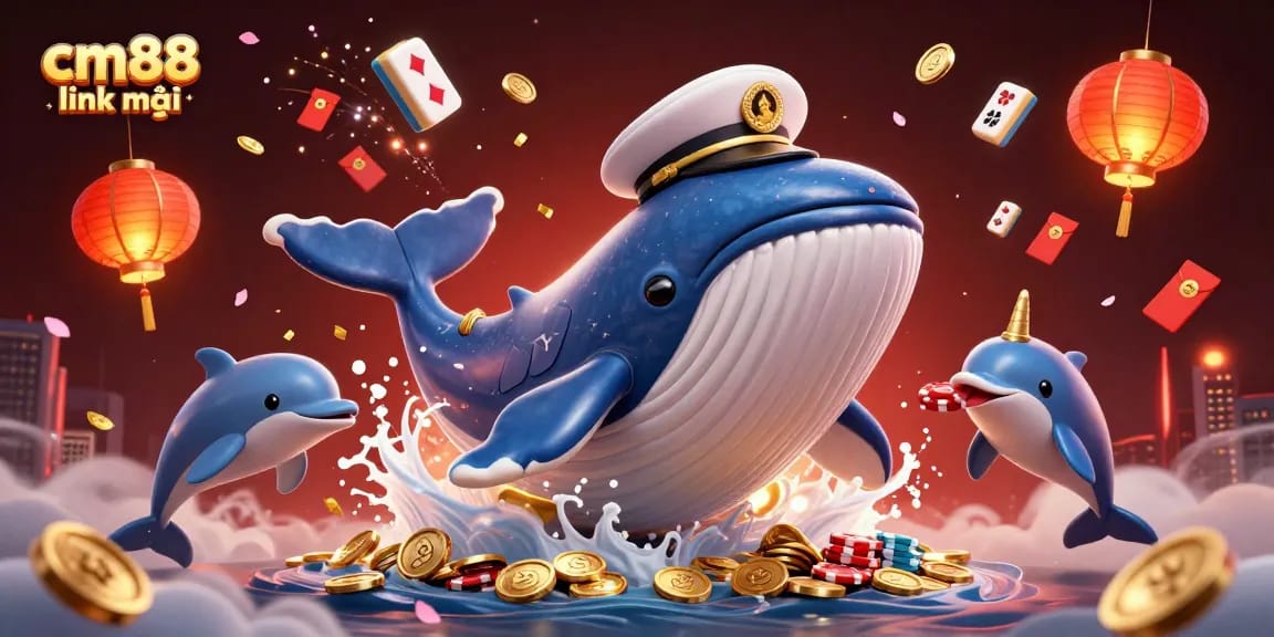 Experience the thrill of cm88 link mới with a vibrant casino scene featuring a whale, coins, and playful dolphins.