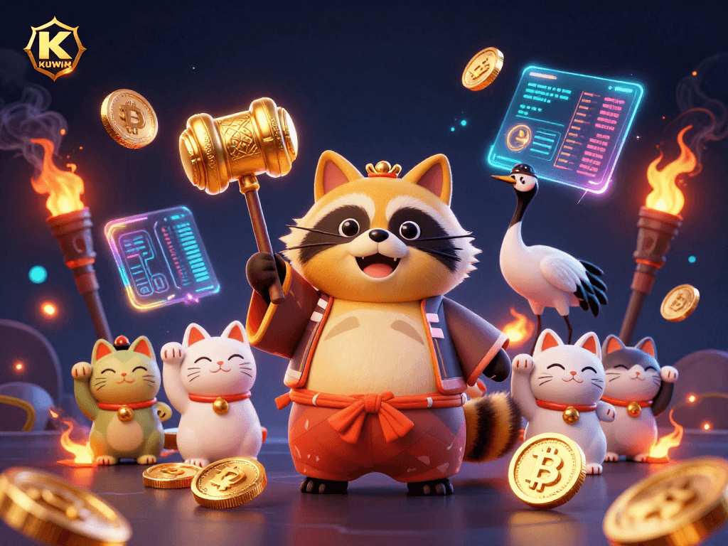 KUWIN’s cheerful tanuki celebrates online gaming with a lucky mallet amidst vibrant casino elements.