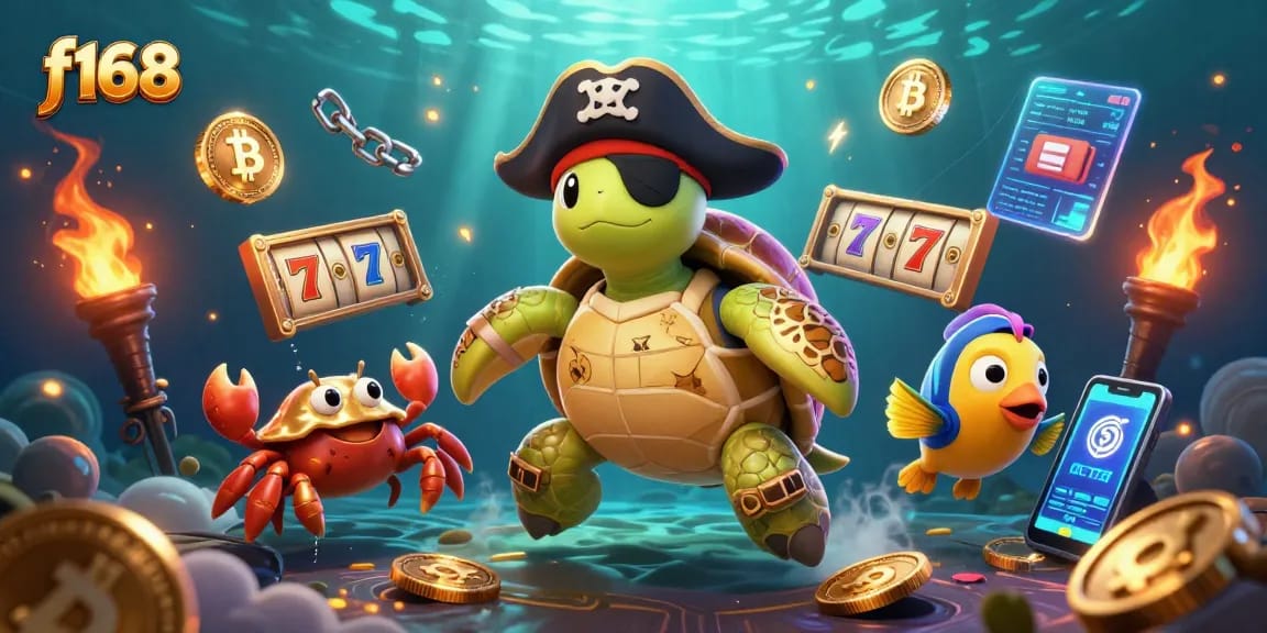 Experience f168 with a dynamic pirate turtle and friends exploring gambling treasures in neon style.