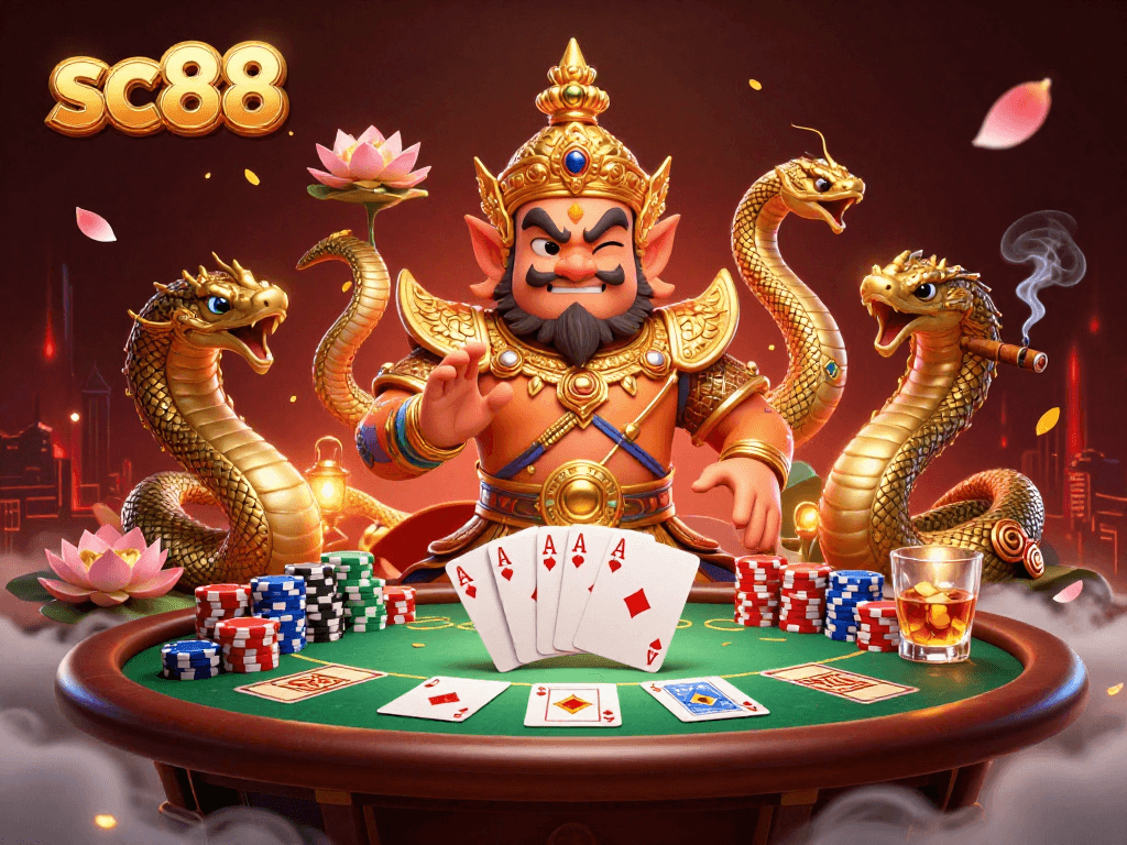 Play poker at sc88 with an epic 3D illustration of Thai guardian, poker elements, and lively atmosphere.