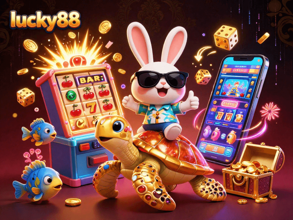 Engage with lucky88's vibrant casino world featuring a cartoon rabbit and sea turtle amid a jackpot explosion.