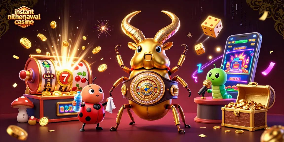Engage with the instant withdrawal casino scene featuring a giant cartoon golden stag beetle ready to fight, surrounded by dynamic game elements and energy.