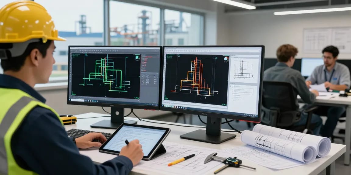 Piping Stress Analysis Canada in a modern engineering workspace with engineers and technical diagrams highlighting collaboration.