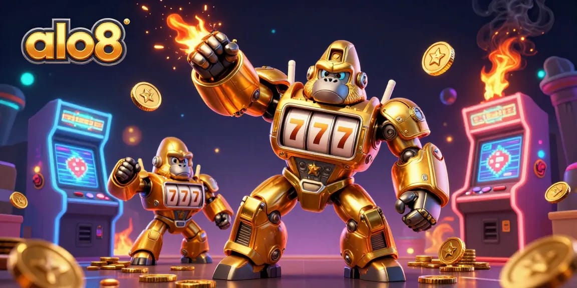 Engage with alo8's exciting gaming experience featuring a dynamic golden gorilla mech and colorful arcade elements.