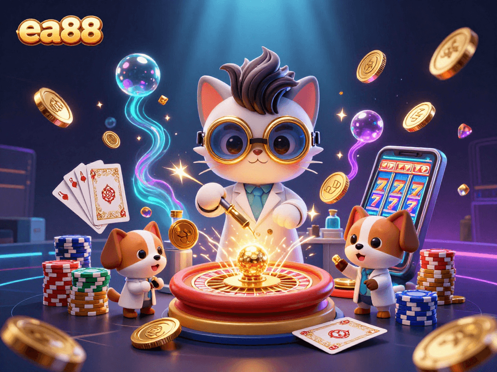 Experience thrilling gaming action at ea88 with coins, cards, and roulette in an immersive scene.