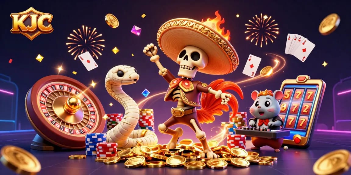 KJC brings vibrant casino fun featuring a dancing mariachi rooster, a mummy snake, and a DJ hamster among flying coins.