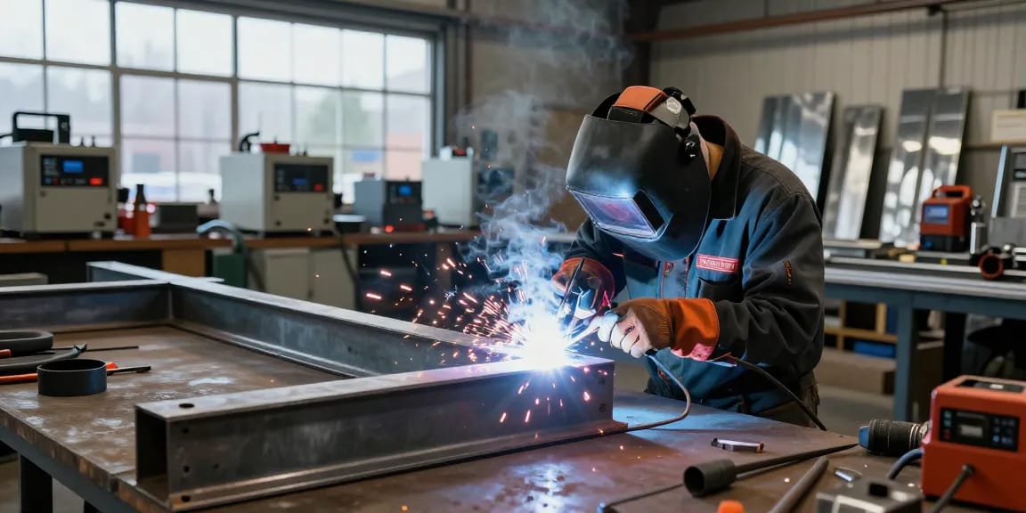 Welding expert in Vancouver, Canada performing MIG welding on steel structure, showcasing craftsmanship and industrial tools in vibrant workshop.