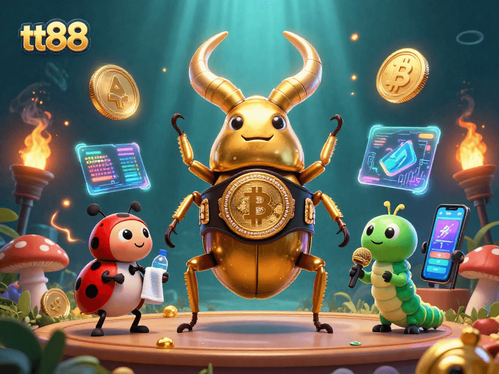 Bet on tt88 with a vibrant 3D scene showcasing a golden beetle boxing champion and crypto coins.
