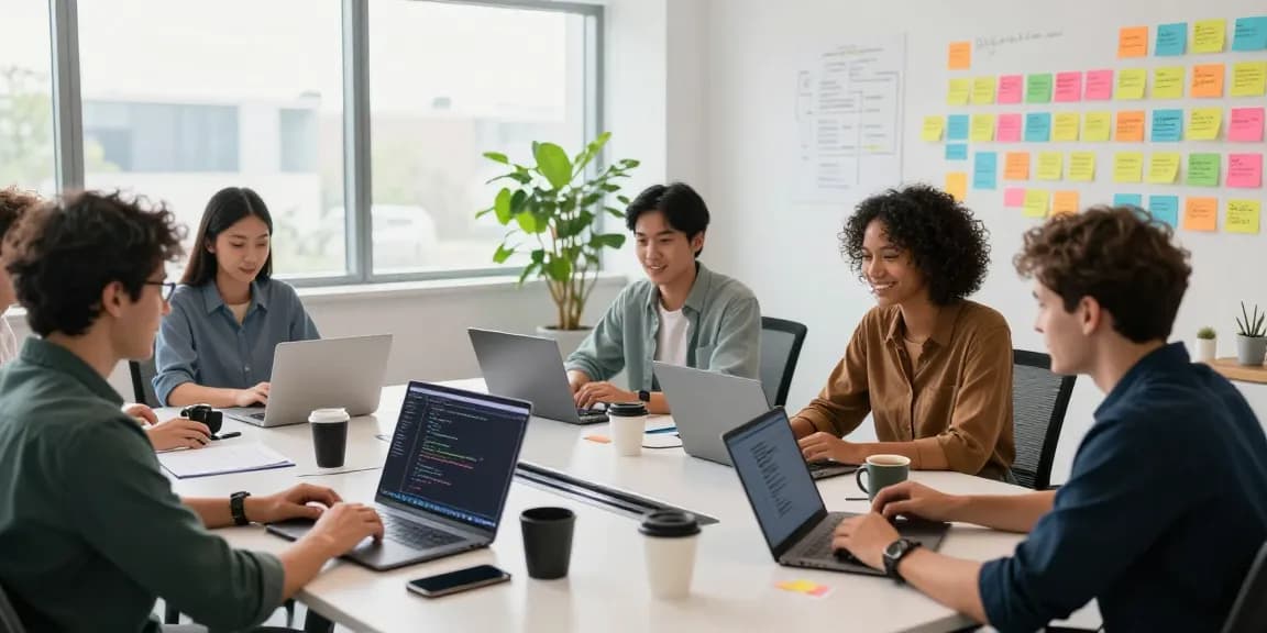 Team of software developers discussing best AI tools in a collaborative workspace.