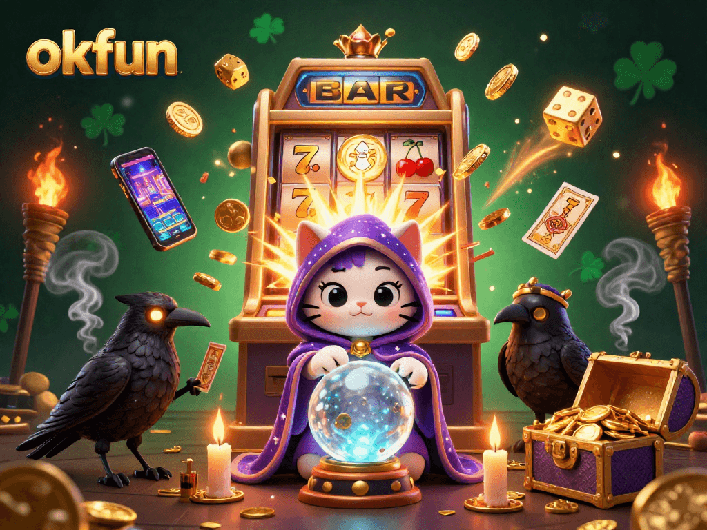 Experience thrilling moments at okfun with vibrant casino games and mystical characters in a dynamic scene.