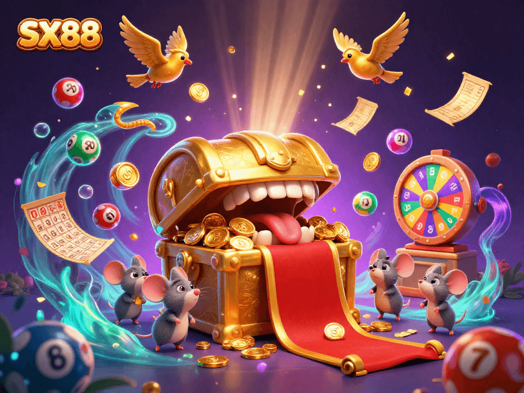 SX88 invites players to win with vibrant lottery balls and a golden treasure chest offering rich rewards.