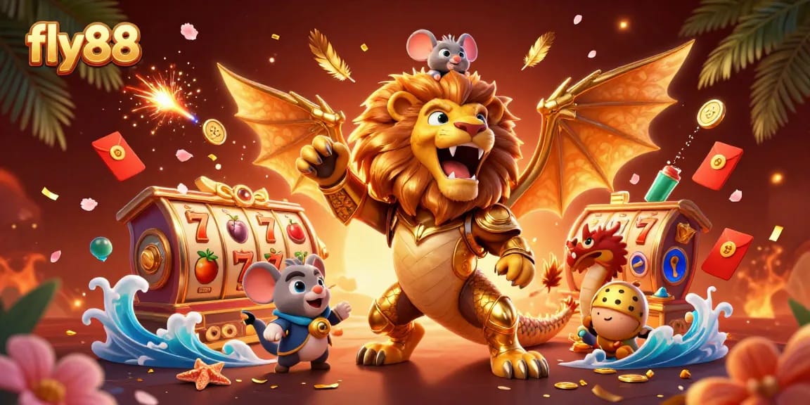 Engage in thrilling slots action at fly88 with a dynamic 3D chimera showcasing golden elements.
