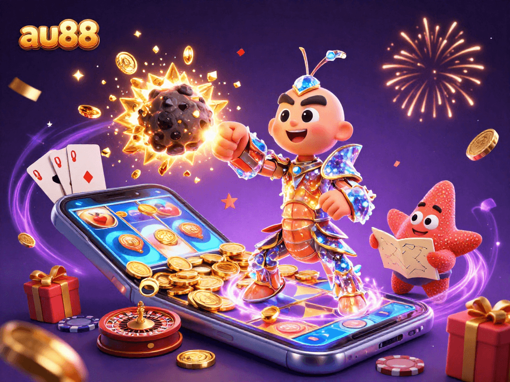 Experience a thrilling moment with au88, witnessing a galactic samurai punch an asteroid while gambling elements surround them.