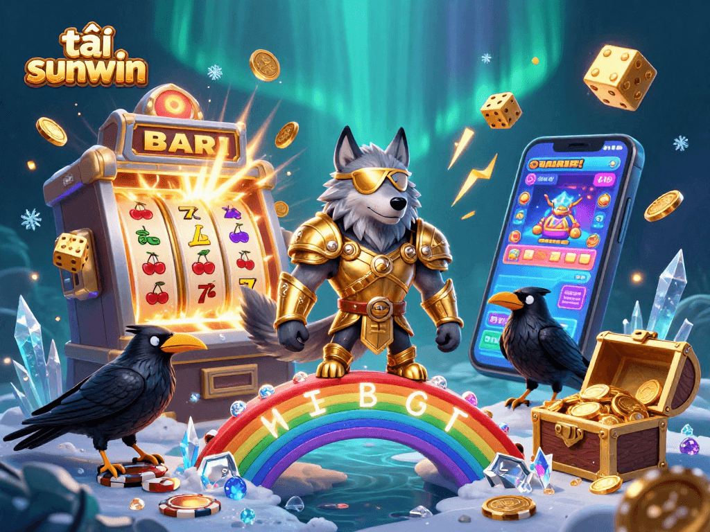 Play thrilling casino games with tải sunwin featuring a majestic Odin wolf and dynamic slot machine elements.