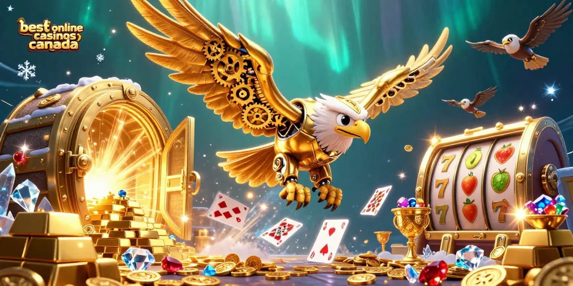 Experience the thrill at the best online casinos Canada with a vibrant and immersive 3D casino scene showcasing golden treasures and dynamic gaming elements.