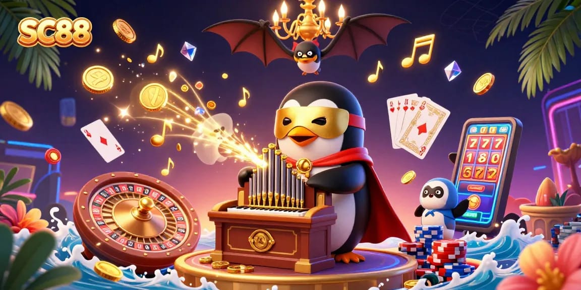 SC88 charm shines through cartoon penguin playing the organ amid golden coins and casino excitement.