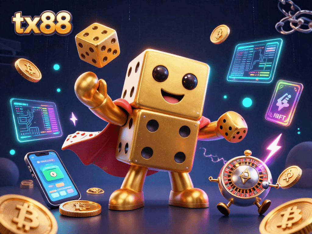 Engage with the exciting world of tx88 casino featuring animated golden dice and crypto elements!