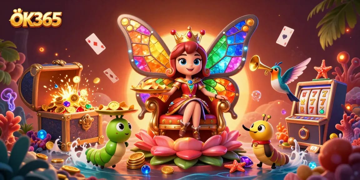 Engage in exciting wins at OK365 with a 3D casino illustration featuring vibrant characters and games.