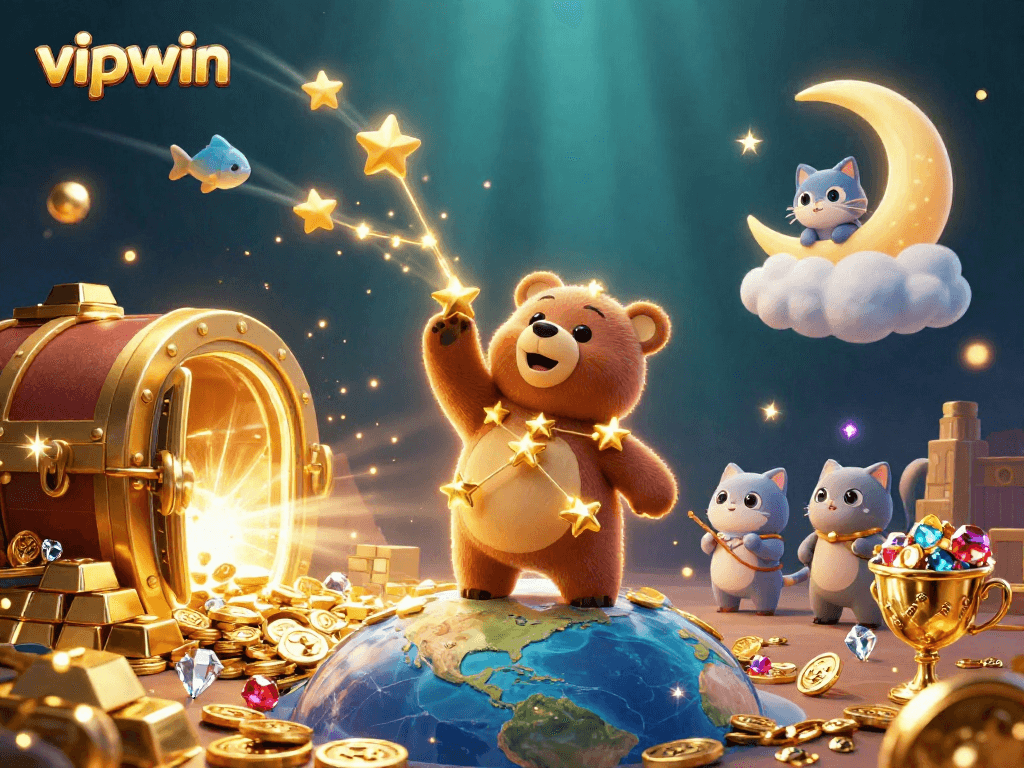 Experience the thrill of vipwin with golden treasures, games, and excitement in a dazzling 3D casino scene.