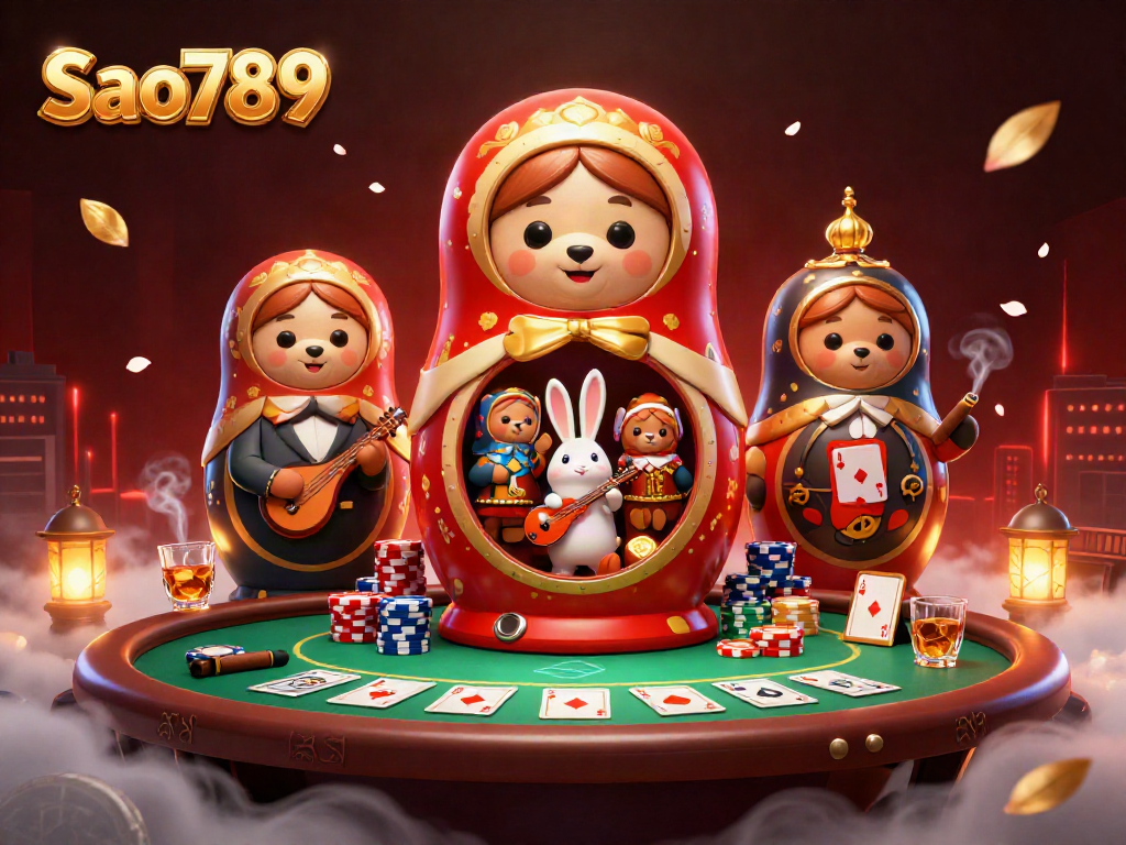 Engage with Sao789's vibrant casino world, featuring colorful poker elements and charming characters.