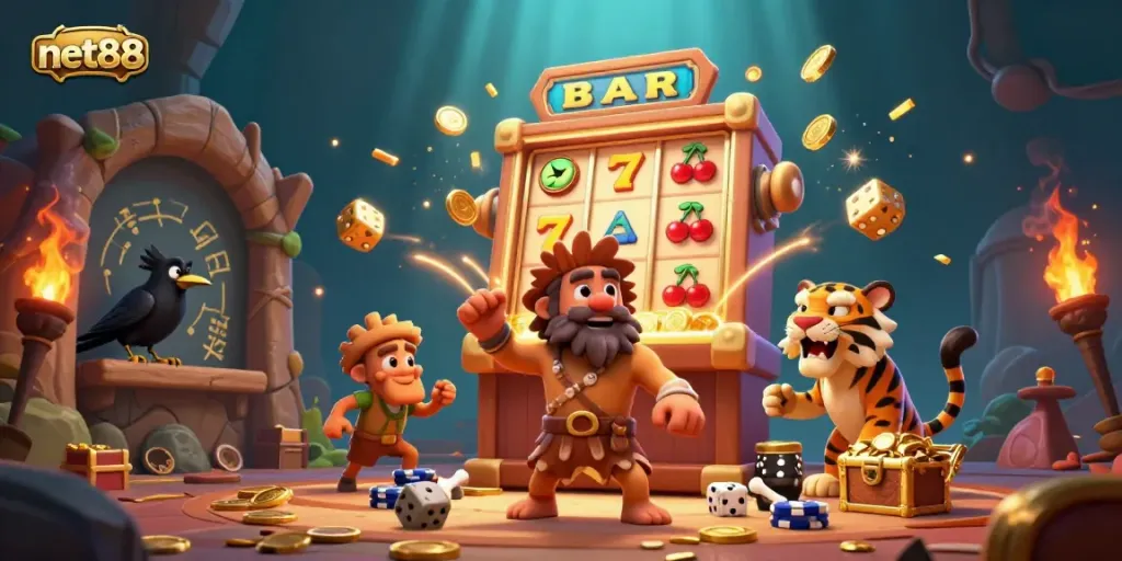 Experience thrilling wins at net88's prehistoric casino with stone poker chips and golden jackpots.