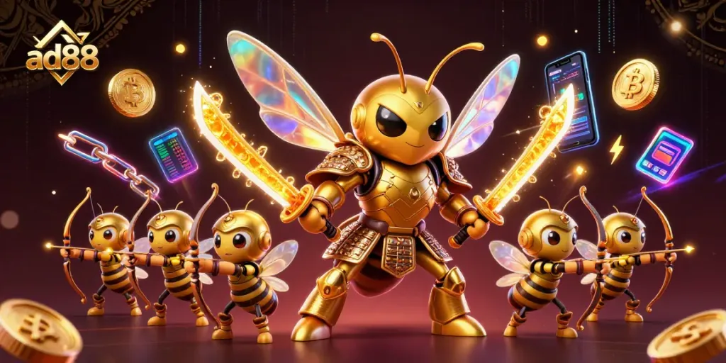 Engage with the ad88 casino experience featuring animated characters and crypto elements.
