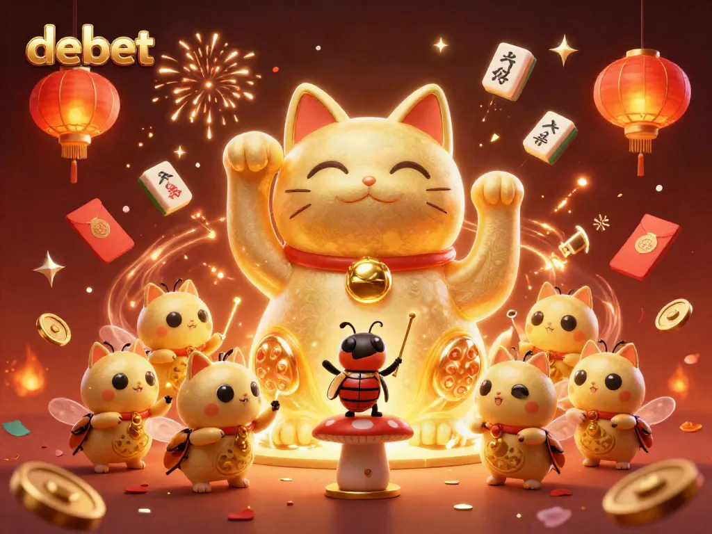Experience luck with debet's vibrant casino scene featuring a lucky cat and cinematic fireworks.
