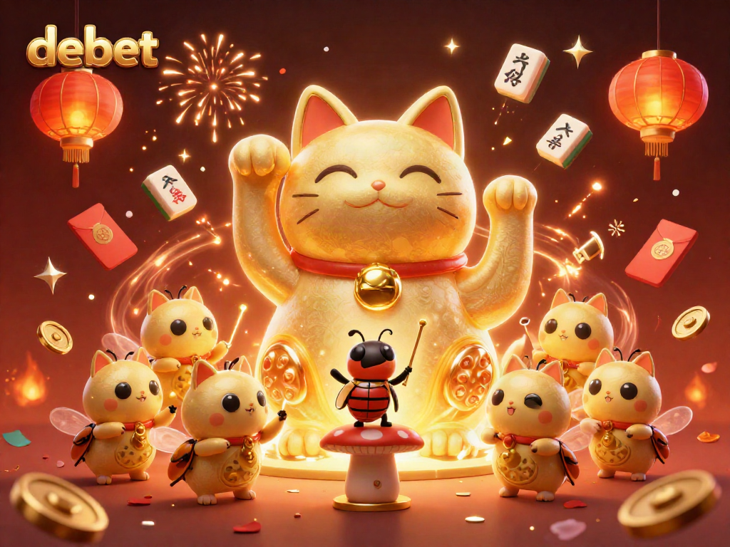 Experience luck with debet's vibrant casino scene featuring a lucky cat and cinematic fireworks.