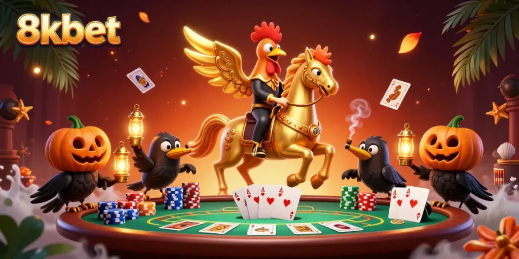 Engage with the thrilling atmosphere of 8xbet's casino games featuring a golden rooster and poker elements.