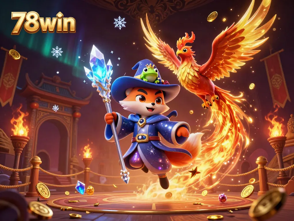 Experience thrilling gameplay at 78win with a mystical wizard fox and phoenix in a dynamic casino scene.