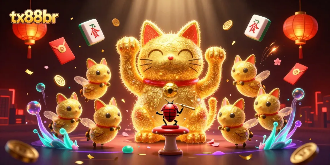 Experience the vibrant energy of tx88br as golden fireflies transform into a lucky cat amidst colorful casino symbols.
