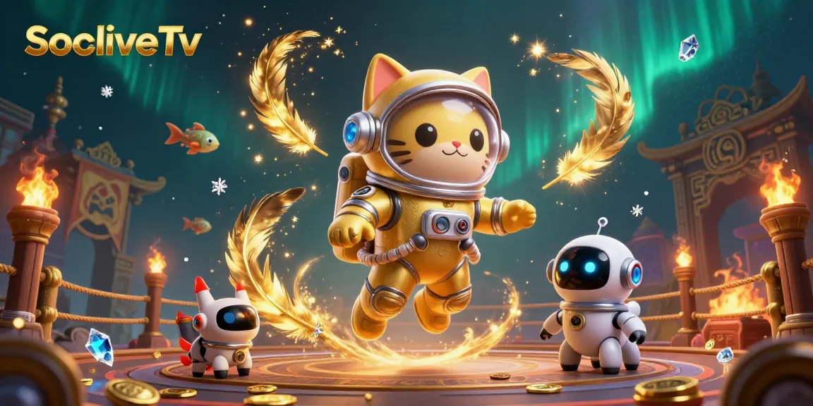 Experience the thrill of SocoliveTv with a dynamic rendering of an astronaut cat and robot dog in a colorful gambling-themed nebula.