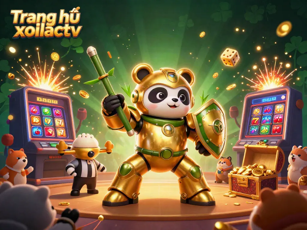 Engage with exciting gambling action on Trang chủ xoilactv featuring golden panda and robot in a vibrant casino scene.