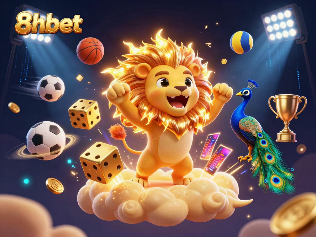 Experience exhilarating sports betting action with 8xbet showcasing a dynamic lion, golden dice, and vibrant sports elements.