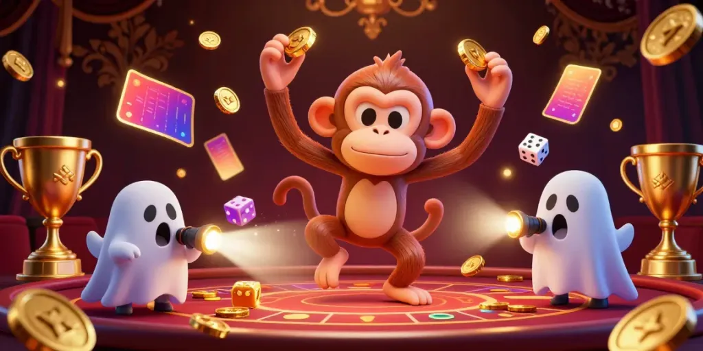 Engage with nhà cái uy tín in an animated scene of excitement featuring a mischievous poltergeist monkey and a curious ghost-hunter puppy amid casino elements.