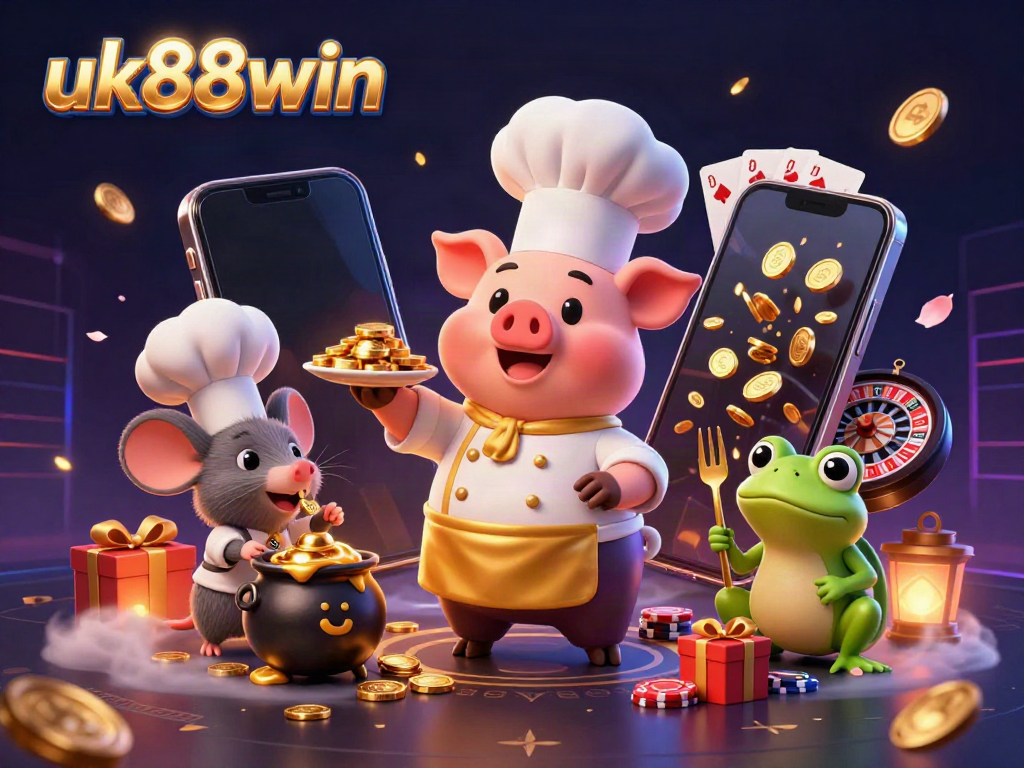 Experience thrills at uk88win with a chef pig serving gold coins amidst vibrant casino elements.