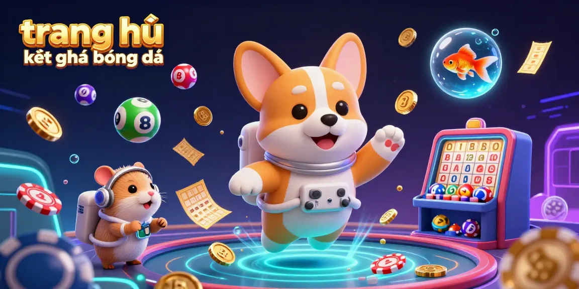 Engage with trang chủ kết quả bóng đá through a vibrant 3D illustration of a corgi astronaut floating in a casino, amidst dynamic gambling elements.