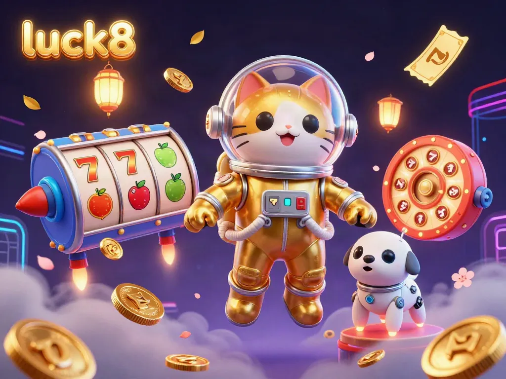 Play and win exciting prizes at luck8 with vibrant slots and jackpots in this colorful casino scene.