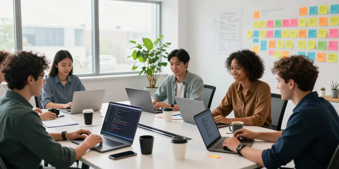 Team of software developers discussing best AI tools in a collaborative workspace.
