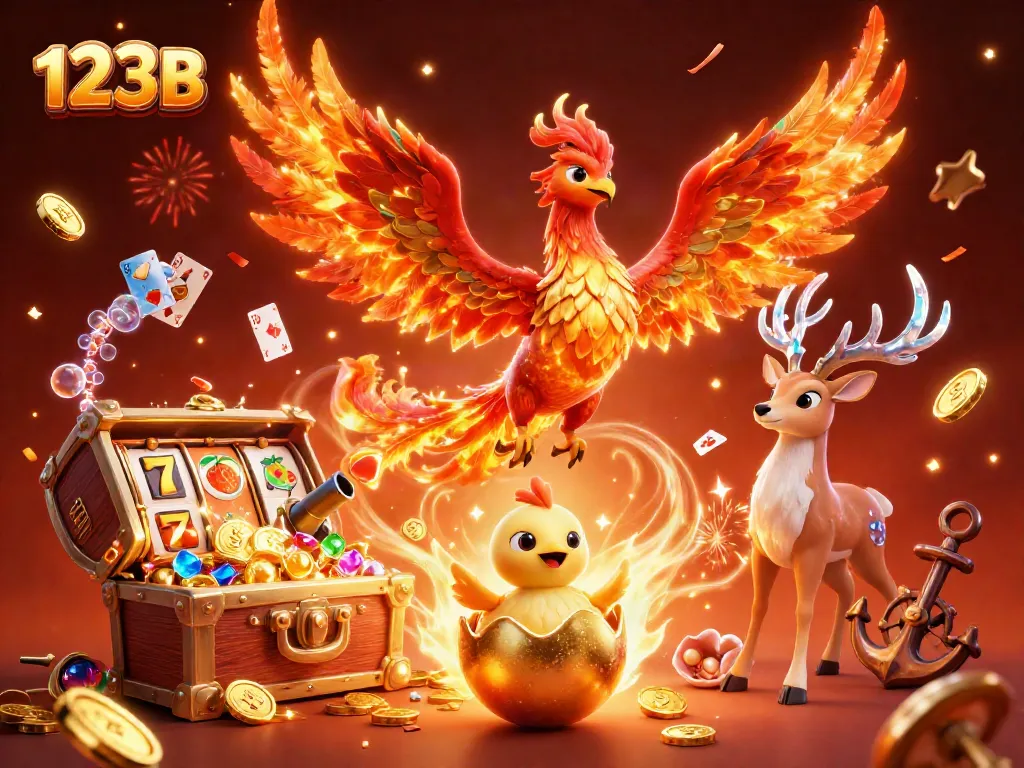 Experience thrilling gameplay at 123B with phoenixes and treasures in this vibrant casino illustration.