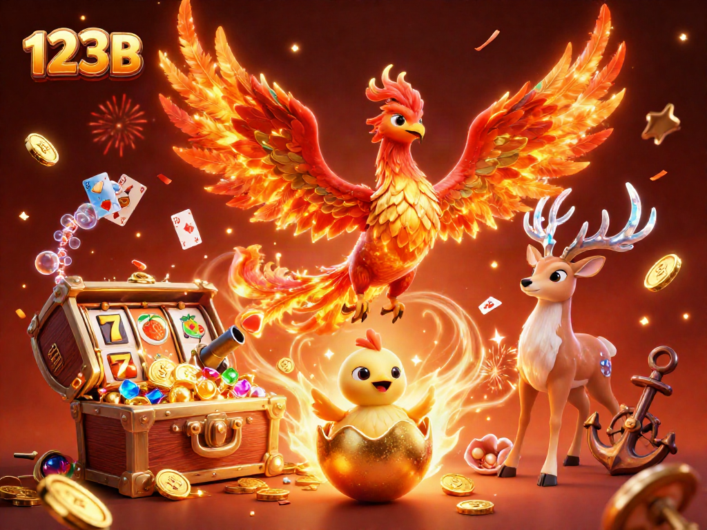 Experience thrilling gameplay at 123B with phoenixes and treasures in this vibrant casino illustration.