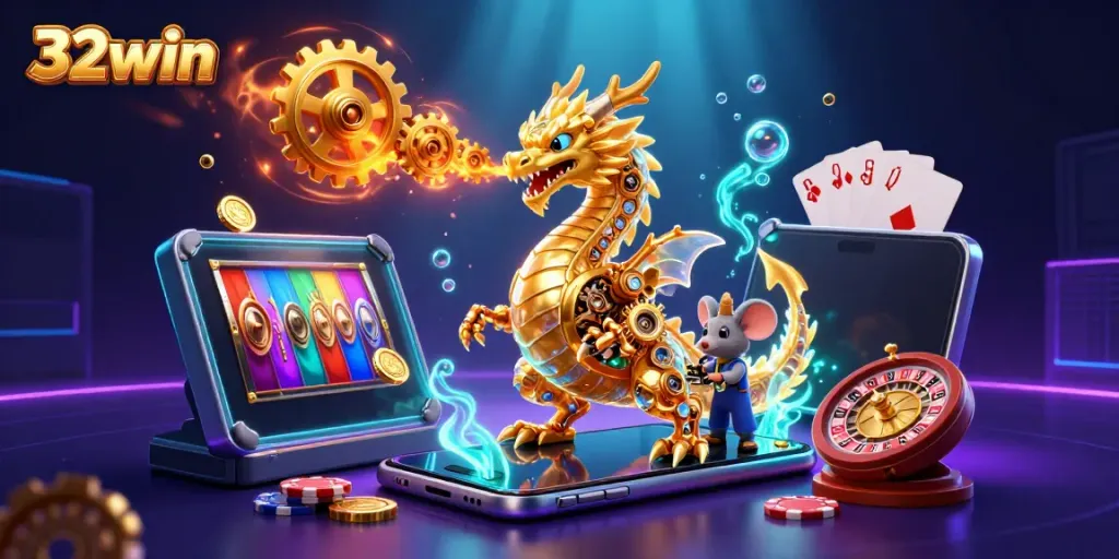 32win engages with a dynamic 3D illustration showcasing an interactive casino scene filled with gameplay excitement.