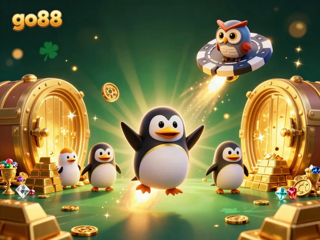 Win big with go88 in a vibrant casino adventure featuring golden treasures and a playful penguin.