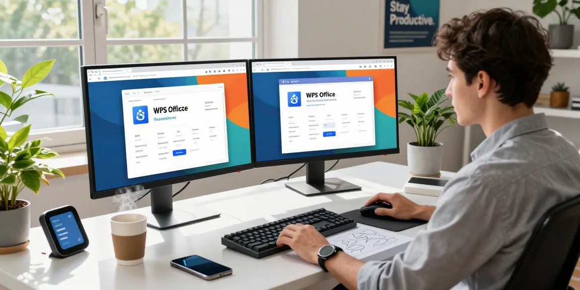WPS Download workspace scene with a professional using dual monitors displaying the software features and an inspiring atmosphere.